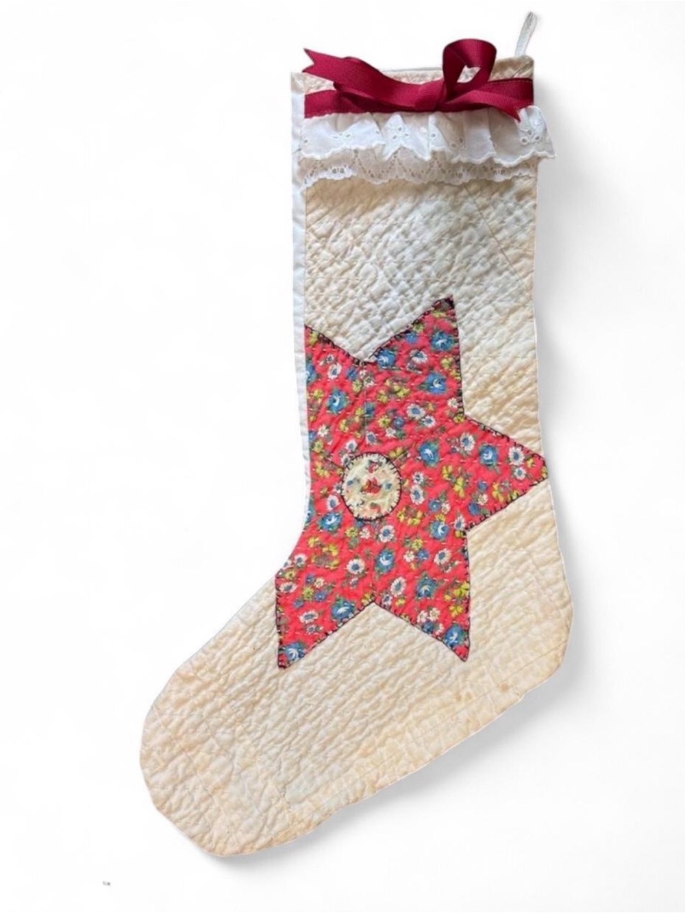 VTG Cutter Quilt Style Handmade Christmas Stocking Floral Lace Star Appliqué
